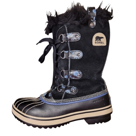 Sorel Other - Sorel Youth Girls Tofino Snow Boots Sz 4 Faux Fur Lace Up Black w/ Flower Stars
